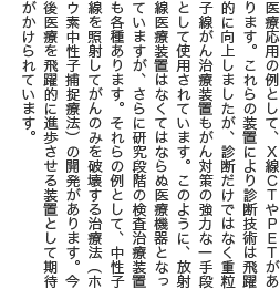 医療応用の例として、X線CTやPETがあります。これらの装置により診断技術は飛躍的に向上しましたが、診断だけではなく重粒子線がん治療装置もがん対策の強力な一手段として使用されています。このように、放射線医療装置はなくてはならぬ医療機器となっていますが、さらに研究段階の検査治療装置も各種あります。それらの例として、中性子線を照射してがんのみを破壊する治療法（ホウ素中性子捕捉療法）の開発があります。今後医療を飛躍的に進歩させる装置として期待がかけられています。