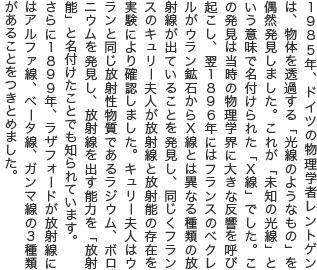 1985年、ドイツの物理学者レントゲンは、物体を透過する「光線のようなもの」を偶然発見しました。これが「未知の光線」という意味で名付けられた「X線」でした。この発見は当時の物理学界に大きな反響を呼び起こし、翌1896年にはフランスのベクレルがウラン鉱石からX線とは異なる種類の放射線が出ていることを発見し、同じくフランスのキュリー夫人が放射線と放射能の存在を実験により確認しました。キュリー夫人はウランと同じ放射性物質であるラジウム、ボロニウムを発見し、放射線を出す能力を「放射能」と名付けたことでも知られています。 さらに1899年、ラザフォードが放射線にはアルファ線、ベータ線、ガンマ線の3種類があることをつきとめました。 