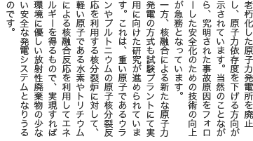 老朽化した原子力発電所を廃止し、原子力依存度を下げる方向が示されています。当然のことながら、究明された事故原因をフォローした安全化のための技術の向上が急務となっています。 一方、核融合による新たな原子力発電の方式も試験プラントにて実用に向けた研究が進められています。これは、重い原子であるウランやプルトニウムの原子核分裂反応を利用する核分裂炉に対して、軽い原子である水素やトリチウムによる核融合反応を利用してエネルギーを得るもので、実現すれば環境に優しい放射性廃棄物の少ない安全な発電システムとなりうるのです。 